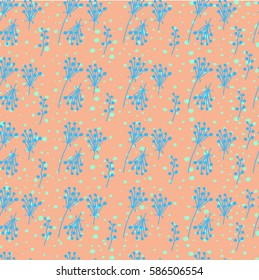 Small blue  branches, twigs with seeds, buds  on a background of points. Gentle seamless pattern. Freehand drawing vector  design.
