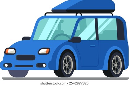 Small blue car equipped with roof rack and cargo box, parked and ready for a family vacation or road trip, representing travel, adventure, and automotive lifestyle