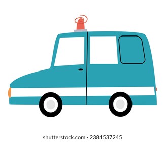 Small blue car with a stripe. Car with a flashing light. Police car. City car. Flat vector illustration