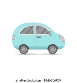 Kleines blaues Auto, Transport flach Cartoon süße Vektorgrafik. Familienreisekonzept für einen Sommerausflug. Logo- oder Emblem-Konzept