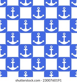 Kleine blaue, karrierte Schiffsanker einzeln auf weißem Hintergrund. Marineinfarbiges, nahtloses Muster. Vektorgrafik, einfache flache Grafik. Textur.