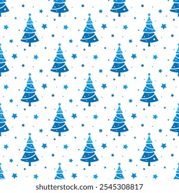Small blue Christmas trees and stars isolated on white background. Cute seamless pattern. Vector simple flat graphic illustration. Texture.