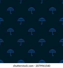 Small blue contour linear umbrellas isolated on a dark background. Cute monochrome seamless pattern. Vector simple flat graphic illustration. Texture.
