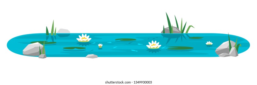 Small blue decorative pond with white water lilies, bulrush plants, stones around and fishes in flat style isolated on white, oval water reservoir for landscape design