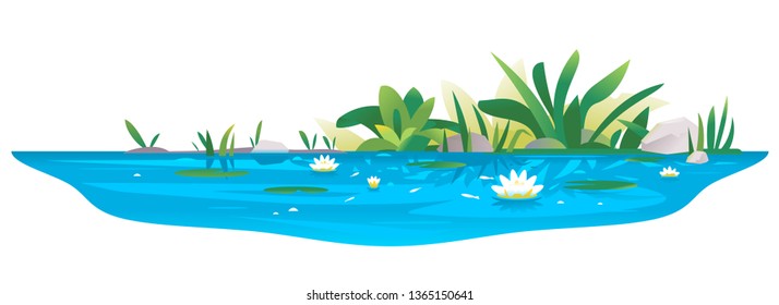 Small blue decorative pond with white water lilies, bulrush plants, stones around and fishes, water reservoir for landscape design isolated on white