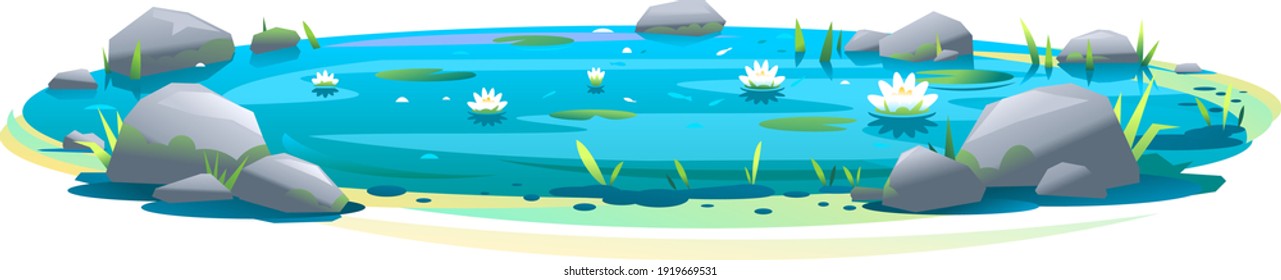 Small blue decorative pond with white water lilies and stones on the edges isolated, place for relax and fishing, decorative pond in landscape design garden