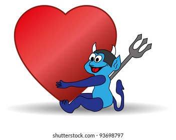 small blue devil holding a big Valentine heart