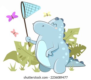 A small blue dinosaur catches colorful butterflies with a net