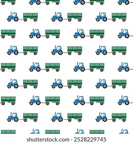 Pequenos tratores agrícolas azuis com reboques isolados sobre fundo branco. Transporte padrão sem costura. Ilustração gráfica plana simples vetorial. Textura.