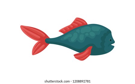 Small blue fish with bright red fins. Underwater creature. Marine animal. Sea and ocean life. Flat vector design