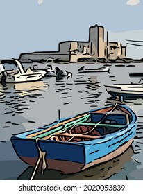 Small blue fishing boat on the sea, cartoon, outlines