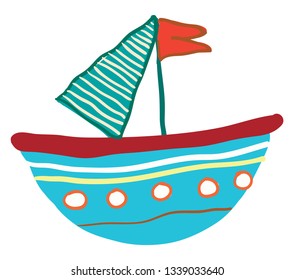 Small blue floating vessel with red flag vector color drawing or illustration 
