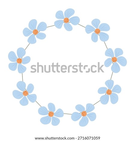 Small blue flower wreath, round frame. Petite floral wreath illustration, blue blooms. Blue blossom wreath, decorative circle border