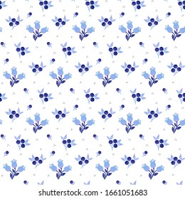Flores azules pequeñas y bayas sin fisuras. diseño de impresión de tela violeta en tonos pastel. 