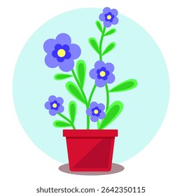 Small blue flowers and leaves in a pot on a light background. Indoor plant in a flat style
