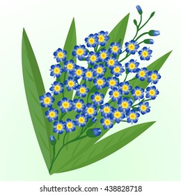 Small blue flowers with yellow mid among the broad leaves. Vector.