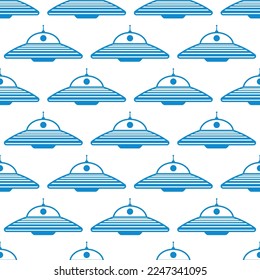 Small blue flying saucers isolated on white background. Cute monochrome seamless pattern. Vector simple flat graphic illustration. Isolated object on a white background. Isolate.