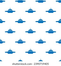 Small blue flying saucers isolated on a white background. Monochrome seamless pattern. Vector simple flat graphic illustration. Texture.