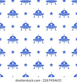 Small blue flying saucers and stars isolated on white background. Cute monochrome seamless pattern. Vector simple flat graphic illustration. Texture.