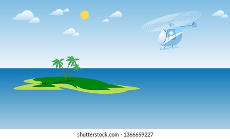 A small blue helicopter flies over a green island in the ocean under a sky with sun and clouds. seascape. vector