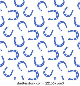 Small blue horseshoe isolated on white background. Cute monochrome seamless pattern. Vector simple flat graphic illustration. Texture.