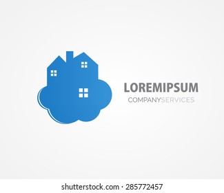 Small blue house on the cloud. Home cleaning or delivery company business logo. Vector  element,  icon.