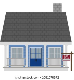 Small Blue House For Sale Illustration - Small light blue cottage house with blue double doors and for sale sign