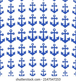 Anclajes pequeños de tinta azul aislados en fondo blanco. Patrón monocromo perfecto. Dibujo gráfico plano vectorial simple a mano. Textura.