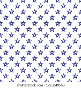 Small blue ink stars isolated on white background. Cute monochrome starry seamless pattern. Vector flat graphic hand drawn illustration. Texture.