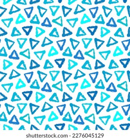 Small blue multicolored ink triangles isolated on white background. Cute geometric seamless pattern. Vector simple flat graphic hand drawn illustration. Texture.