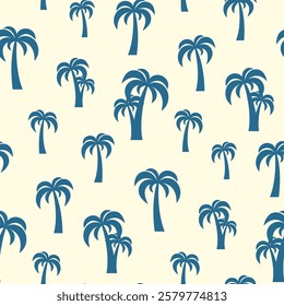 Small blue palm trees isolated on white background. Monochrome seamless pattern. Vector simple flat graphic illustration. Texture.