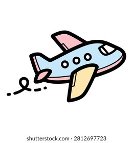 A small blue and pink aircraft soaring through the sky with a dashed path. Ideal for children's books, airport signage, and air travel ads.