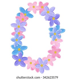 Small blue, pink and violet flowers arranged un a shape of vertical oval wreath. Forget-me-not