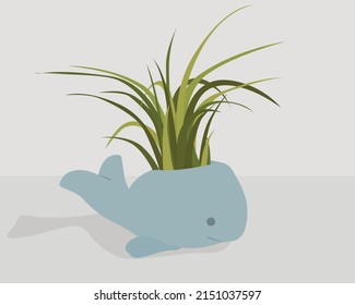 Small blue pot in the shape of a dolphin. Vector flat image of a green herbaceous plant. Design for postcards, posters, backgrounds, templates, textiles, banners.