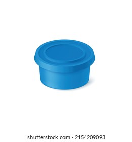 Small blue realistic container for different sauces or cosmetics, vector illustration isolated on white background. Round closed plastic jar, packaging design template