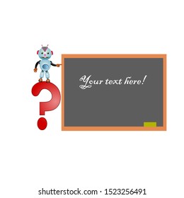Small blue robot standing on a question mark pointing to the school board. Vector illustration isolated on a white background.