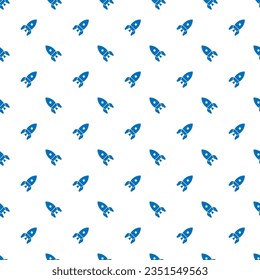 Small blue rockets isolated on white background. Monochrome seamless pattern. Vector simple flat graphic illustration. Texture.