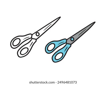 Small blue scissors for paper with plastic handle in black isolated on white background. Hand drawn vector sketch illustration in doodle engraved vintage line art style. School equipment