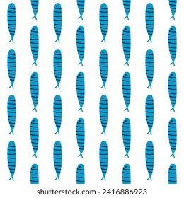 Small blue sea fishes seamless vector pattern. Simple cartoon hand drawn design in vertical stripes on white background.