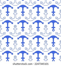 Small blue ship anchors isolated on white background. Cute monochrome seamless pattern. Vector simple flat graphic illustration. Texture.