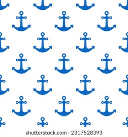 Kleine blaue Schiffsanker einzeln auf weißem Hintergrund. Cute monochrome marines nahtloses Muster. Vektorgrafik, einfache flache Grafik. Textur.