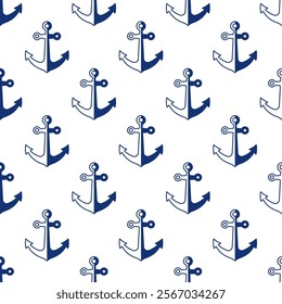 Small blue ship anchors isolated on white background. Monochrome seamless pattern. Vector simple flat graphic illustration. Texture.