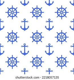 Kleine blaue Schiffsanker und Lenkräder einzeln auf weißem Hintergrund. Cute monochrome marines nahtloses Muster. Vektorgrafik, einfache flache Grafik. Textur.