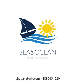 Small blue ship, yellow sun and sea wave logotype. Vector sailboat logo for yacht club, excursions agency or marina