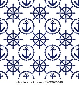 Small blue ship's anchors and helms isolated on white background. Monochrome seamless pattern. Vector simple flat graphic illustration. Texture.