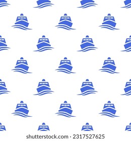 Kleine blaue Schiffe und Wellen einzeln auf weißem Hintergrund. Einfarbiges, nahtloses Muster. Vektorgrafik, einfache flache Grafik. Textur.