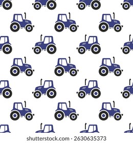 Small blue tractors isolated on white background. Seamless pattern. Vector simple flat graphic illustration. Texture.