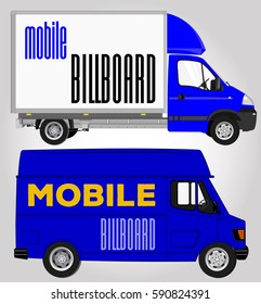 Small Blue Van and Truck, side view. Solid and Flat color design. Vector illustration for Corporate identity. Blank mobile billboard template. 