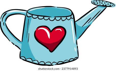 A small blue watering can with a heart. Vector illustration