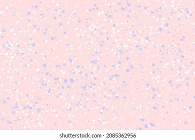Pequeño confeti de círculo blanco azul sobre fondo rosado. Tarjeta de vacaciones de Año Nuevo o fondo de banner. El punto de polka transparente gira en torno a un bello fondo.